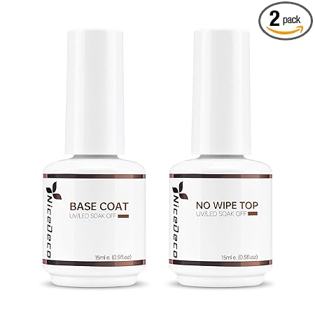 Nicedeco Hema Free No Wipe Gel Top Coat and Base Coat Set 2 Pcs 15ml Low Odor Cruelty Free Vegan Gel Nail Polish Glossy Shine Long Lasting Gel Base Top Coat