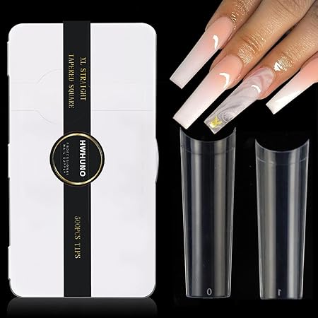 HWHUNO XL Tapered Square Nail Tips No C Curve,500Pcs Clear Medium Half Cover Long Coffin Acrylic Nails Tips Preshaped for Professional Manicure Salon and Home DIY