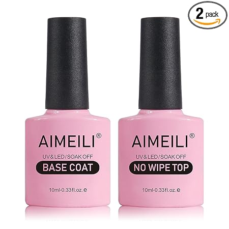 AIMEILI Gel Nail Polish No Wipe Top and Base Coat Set Shine Finish Long Lasting Soak Off Gel Nail Lacquer – 2 x 10ml