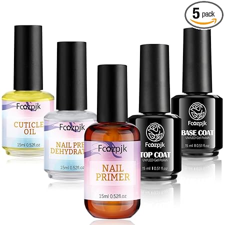 Fcozjpk Nail Dehydrator and Primer with Gel Base & Top Coat Set Cuticle Oil, 5PCS Nail Prep Kit for Acrylic and Gels Nail Polish No Wipe Gel Top Coat Manicure Bonder Liquid Nails Tech Must-have Set