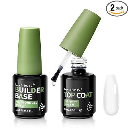 Love easy No-Wipe Top Coat and Builder Base Set, 6-in-1 for Natural & Press-On Nails, Self-Leveling Gel Polish, Chip Resistant, Salon Quality DIY Manicure Set for Beginners (UV Curing)