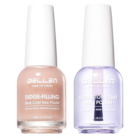 GELLEN Clear Nail Polish Ridge Filling Base Coat & High Shine Top Coat, Ridge Filler For Nails, Brighten Strengthen Damaged Dry Brittle Nails | Vitamin E, Protein | Toxin HEMA TPO Free, C04