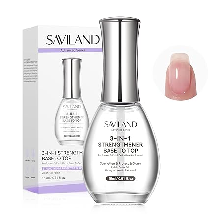 SAVILAND 3-in-1 Base & Top Coat & Nail Strengthener: 15ml Quick Air Dry Clear Nail Polish Nail Strengthener and Growth for Damaged Nails Nail Treatment Glossy Regular Nail Lacquer Women Gift