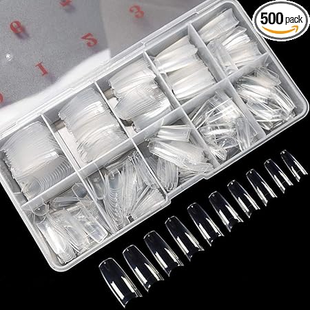 krofaue 500PCS Clear False Nails Tips – Half Cover Lady French Style Acrylic Artificial Tip Manicure with Box of 10 Sizes for Nail Tips Art Salons and Home DIY