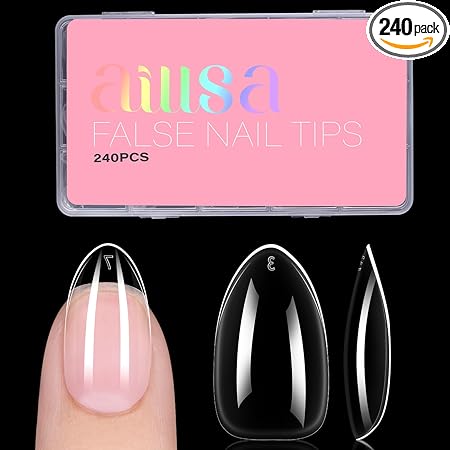 AILLSA Short Almond Nail Tips, 15 Sizes 240PCS Preshaped Soft Clear Gel Nails Tips Full Cover False Nails Tip Short Almond Shaped Tips