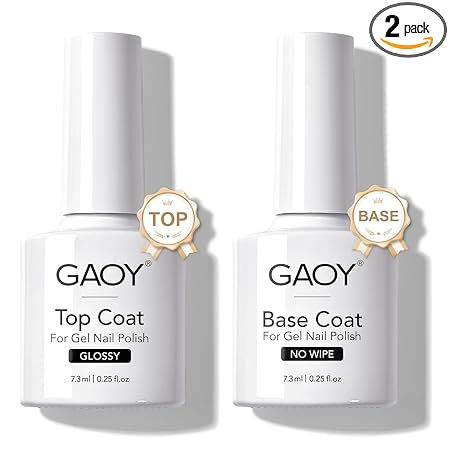 GAOY Gel Top Coat and Base Coat Set, 2 Pcs 7.3ml Glassy Top Coat and No Wipe Foundation Combination for UV Light Cure Gel Nail Polish