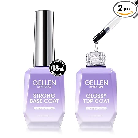GELLEN Gel Top Coat and Base Coat 2 Pcs 18ml Superior Base Coat Top Coat Set No Wipe Soak Off Ultra Glossy Top Coat Gel Nail Polish UV LED Clear Nail Polish Long Lasting for 28+ Days