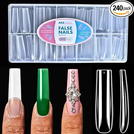 Nail Tips Square – Clear Gel Nail Tips,240Pcs Pre-buffed Full Cover Acrylic Long Square Straight Nails Tips,12 Size XXL Long Nail Extensions for Home Salon DIY Gifts for Women & Beginner