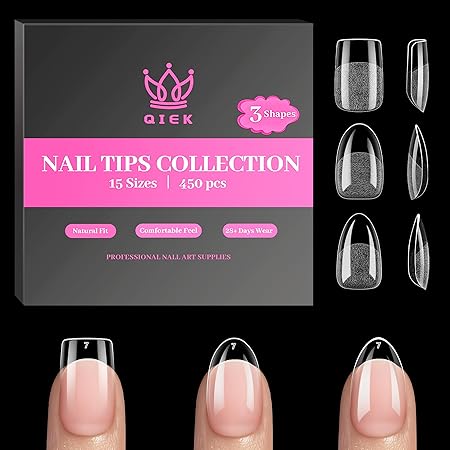 450PCS Short Almond & Round & Square – 3 Styles Nail Tips, 70-Grit Pre-Etched Press On Nail in 15 Sizes, Fake Nail Extension Kit for Acrylic Gel Nail Art DIY Salon
