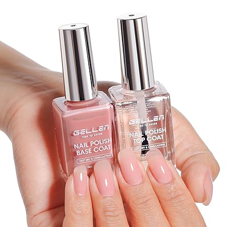 GELLEN Clear Nail Polish Base Top Coat, Quick Air Dry No Wipe Shine Top Coat & Sheer Natural Pink Tinted Base Coat | Non-gel Regular Nail Polish Strengthen Nails with Calcium, Toxin TPO HEMA Free