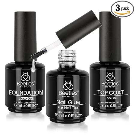 Beetles Top Coat Base Gel & Nail Glue Set-3Pcs No Wipe Top Coat Gel Nail Polish & Base Coat with 9 In 1 Nail Glue Shine Effect Long Lasting Soak Off Uv Light Lamp Diy Nail Gifts for Women & Girls