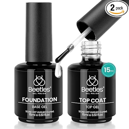 Beetles 2 Pcs 15ml No Wipe Gel Top Coat and Base Coat Set – Shine Finish and Long Lasting Soak Off LED Nail Lamp Gel Base Top Coat Stay Lock Shine Duo Finish Nail Art Design Manicure Gifts for Women