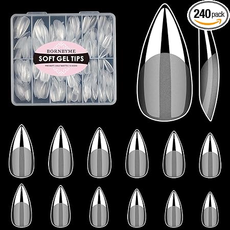Medium Stiletto Soft Gel Nail Tips, BORNBYME 240 PCS Pre Buff Full Cover Shaped Nail Extenison Tips Half Matte Gel Nail Tips