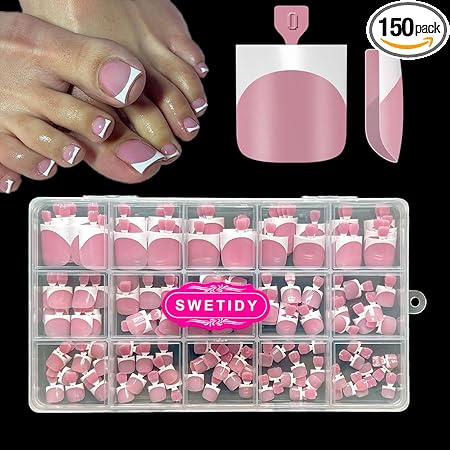 Toe Nail Press Ons, French Tips Toe Press On Nails, 150pcs Square Pre-Designed Soft Gel Thick False Toenail Extension, Berry Pink Full Cover Acrylic for DIY 15 Sizes