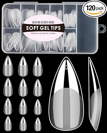 Soft Gel Nail Tips Medium Stiletto, 120PCS Pre Buff Full Cover Shaped Nail Extenison Tips Half Matte Gel Nail Tips BORNBYME