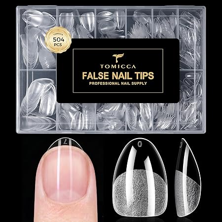 TOMICCA Extra Short Almond Nail Tips 504PCS, 12 Sizes Gel Nail Tips for Clear Fake Nails, Short Almond Nail Tips for DIY Salon, Gel Nail Extension Tips for Beginners & Nail Techs