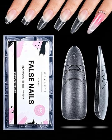 Makartt Long Almond Nail Tips: with Scales for Convenient Shape, Matte, 240 PCS, 15 Sizes, Fake Nails Stiletto – Full Cover Acrylic Press On Nail Extensions Manicure DIY Home for All Nail Beds