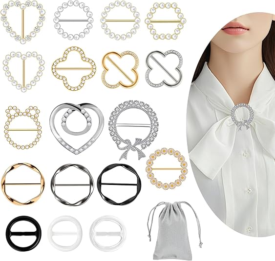 18 Pcs Silk Scarf Ring Clip Shirt Ties Clips for Women shirt clips for women clothing,T Shirt Tie Or Rings Clips for Women for The Side with 1 Storage Bag