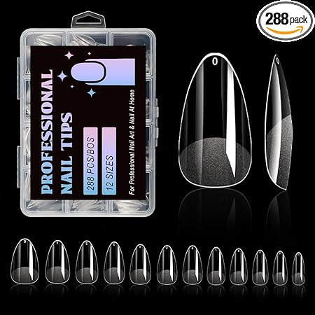 Short Almond Nail Tips, 288PC Gel Acrylic Nail Tips, Clear Nail Tips, Nail Supplies Suitable for Women or Girls to DIY Nails 12 Sizes For Your Choice!