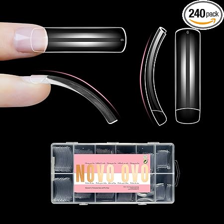 NOVO OVO Half Cover XXL Curved Nail Tips, Square Shallow Paste Soft Gel x Long L XL XXXL Hawk Curve Claw 90s’ Y2K Fake Nails Extension kit, Clear Soft French False Nail for Acrylic 12 Sizes 240pc