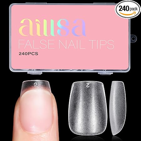 AILLSA Extra Short Coffin Nail Tips 15 Sizes Options Gel Nails Tips Full Cover Matte Prefiled Coffin Nails Tip Clear Soft Fake Nail Tip 240PCS with Storage Box