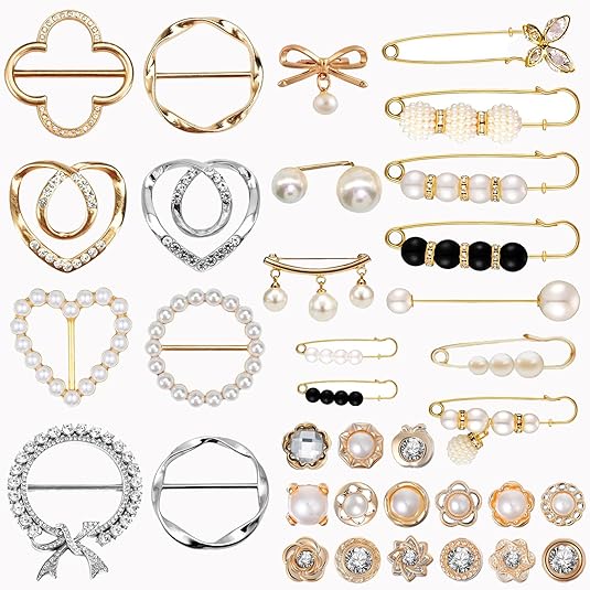 12-45PCS Scarf Ring Clip Pearl Brooch Pins – T-shirt Sweater Shawl Ties Clips Clothes Corner Knotted Button Fashion Metal Round Circle Shirt Clip Buckle Brooches for Women Girls Gift
