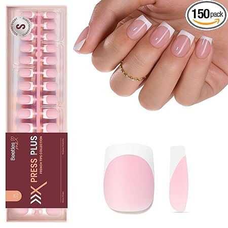 Beetles French Tips Press On Nails: 150 Pcs Pink Short Square Press On Nails Fake Nail Tips, Soft Gel Nail False Nails Art DIY Gifts For Women