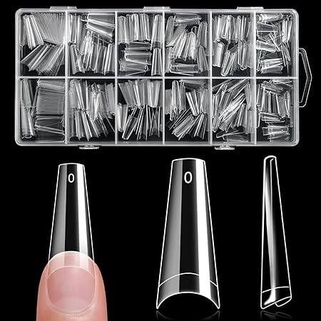 krofaue 600PCS Half Cover Coffin Nail Tips – Acrylic Nail Tips 12 Size Clear False Nails Tips with Box for Nail Salons and Home DIY (Clear)