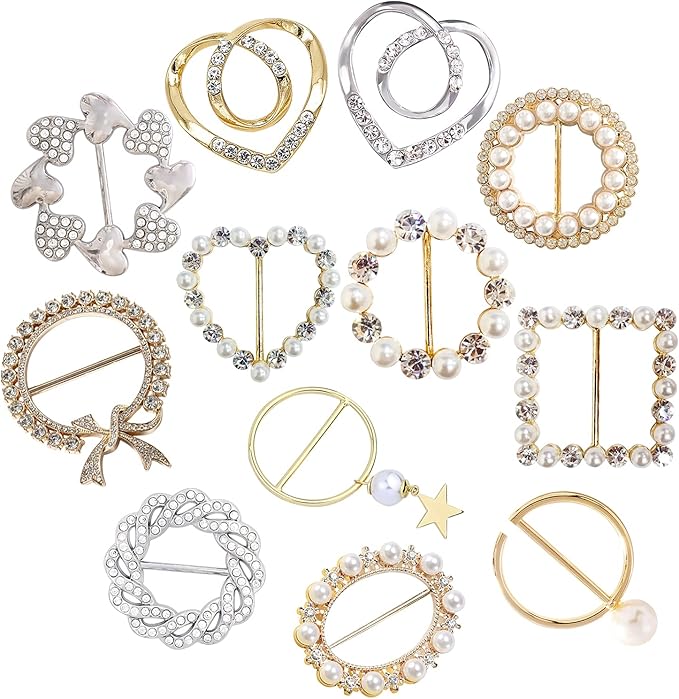 Scarf Tie Buckle Rings for Women,12PCS Metal Party T Shirt Pearls Rhinestone Clips,Clothes Corner Knotted Button for Women Girls Decorative Accessories TXZWJZ