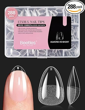 Beetles Extra Short Almond Nail Tips, 12 Sizes 288 PCS Pre-Shaped Clear Full Cover Etch Gel Nail Tips Clear Acrylic Press on Nails Extension for Girls Women Nail Art Design, Nail Glue Needed