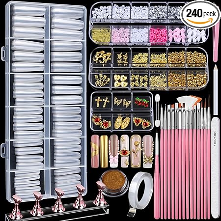 Teenitor Square Nail Tips with Nail Charms Nail Art Brushes, 240pcs XXL Fake Nails with Nail Stand for Extensions, Clear Acrylic Nail Tips Gel Nails Long Full Coverage