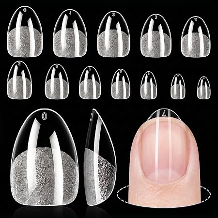 TOMICCA Extra Short Almond Nail Tips 192Pcs 12 Sizes Short Nail Tips Full Cover Half Matte Pre-shaped Clear Acrylic Nails for DIY Salon, Gel Nail Extension Tips for Beginners & Nail Techs